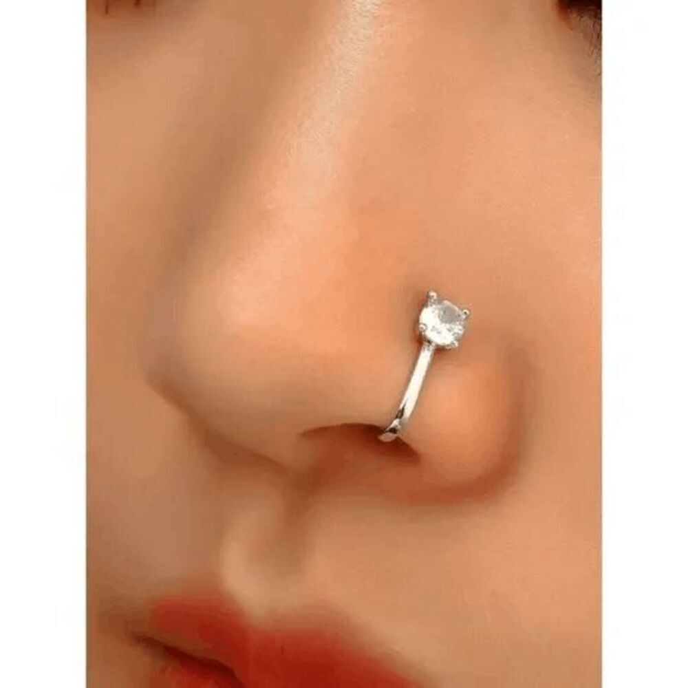 WHITE GOLD DIAMOND NOSE RING CUFF - Picture 6 of 6